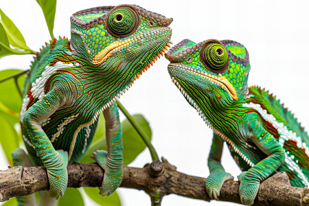 Close up of two chameleon on a branch, Thailand.の写真素材