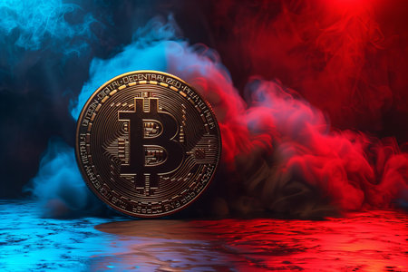 Golden bitcoin on a dark background with a red smoke. Cryptocurrency concept.の写真素材