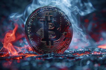 Bitcoin cryptocurrency coin on a dark background with smoke. Cryptocurrency concept.