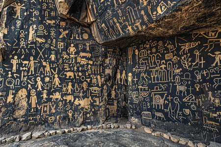 Ancient egyptian hieroglyphs on the walls of the caveの写真素材