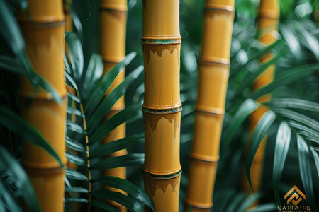 Bamboo stems with green leaves, close up. Natural background.の写真素材