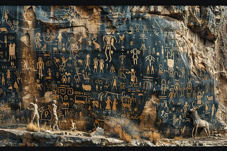 Egyptian hieroglyphs on the wall of a temple.の写真素材