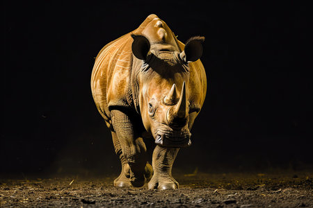 White rhinoceros in the savannah at night, South Africaの写真素材