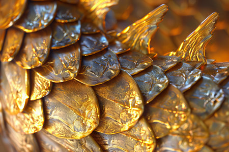 golden dragon statue in thai temple, closeup of photoの写真素材