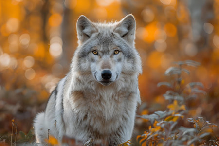 Gray wolf in the autumn forest. Portrait of a wolf.