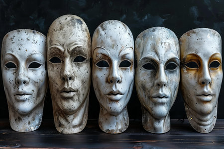 Theatre masks on the wooden shelf in front of a black wall