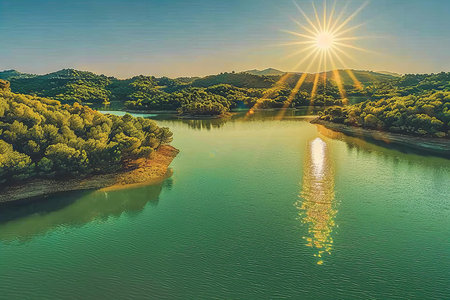 Beautiful summer landscape with river and sunset. Colorful landscape.の写真素材