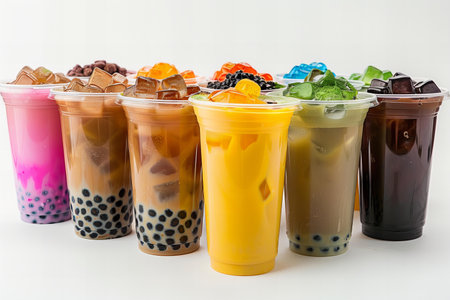 Iced Thai Milk Tea with Bubbles in Plastic Cups on White Backgroundの写真素材