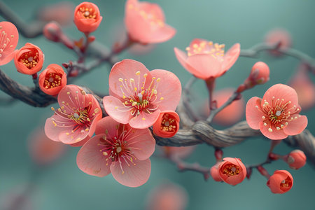 Plum blossom in spring, close-up of beautiful pink flowersの写真素材