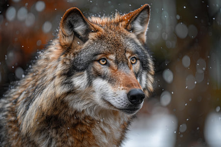 Portrait of a wolf in the forest during a snowfall.