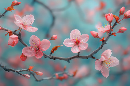 cherry blossom, pink sakura flower on blue sky backgroundの写真素材