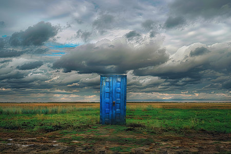Blue door in the field and stormy sky. 3d renderingの写真素材