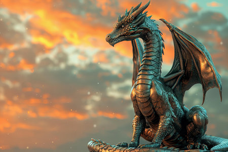 Dragon in the sky. 3D illustration. Fantasy. Sunset.の写真素材