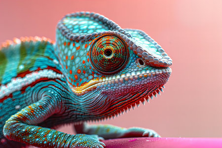 Colorful chameleon on the pink background. Close up.の写真素材