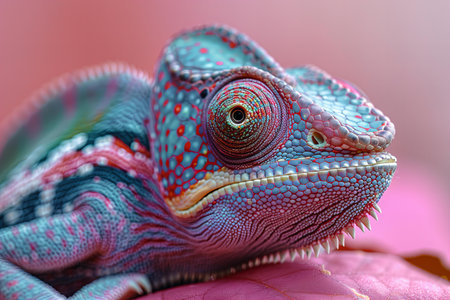 Close up of a colorful chameleon (chamaeleo calyptratus)の写真素材