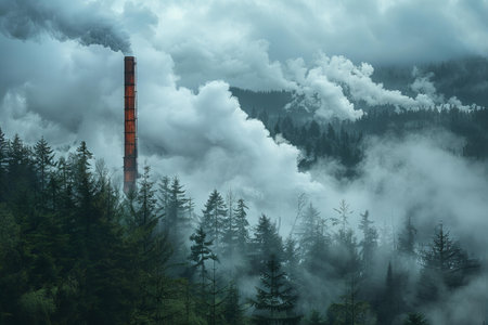Smoke from a thermal power plant in the Carpathian mountainsの写真素材