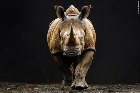 White rhinoceros (Ceratotherium simum) isolated on black backgroundの写真素材