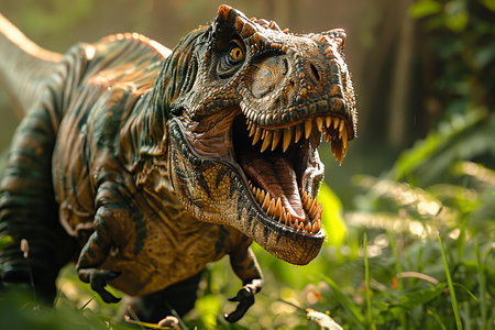 Dinosaur model in the forest. Close up of dinosaur model.