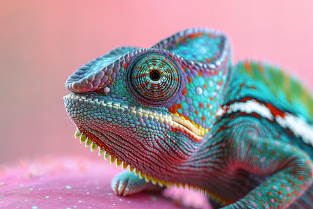 Close up of a colorful chameleon on a pink background.の写真素材