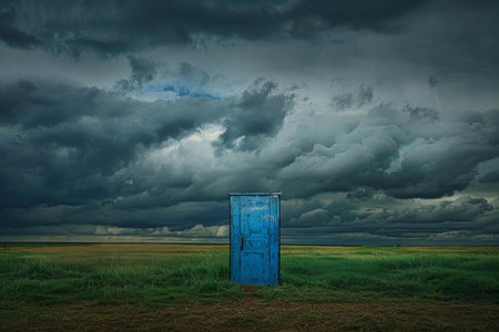 Dramatic stormy sky over a green field with blue doorの写真素材