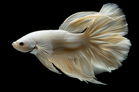 Capture the moving moment of white siamese fighting fish isolated on black background.の写真素材
