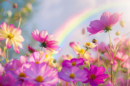 Cosmos flowers and rainbow in the sky, soft focus background.の写真素材