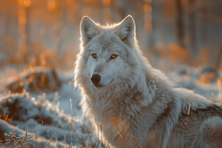 Portrait of a white wolf at sunset in the winter forest.の写真素材