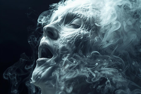 Portrait of a screaming woman in a white smoke on a black backgroundの写真素材