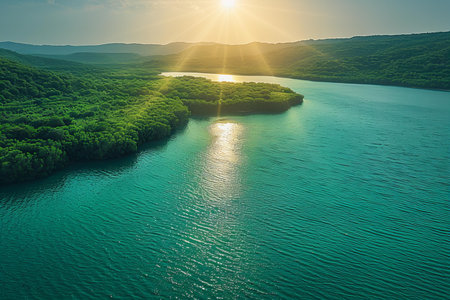 Aerial view of beautiful landscape with green forest and lake at sunset.の写真素材