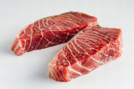 Slices of raw meat on a white background, close-up
