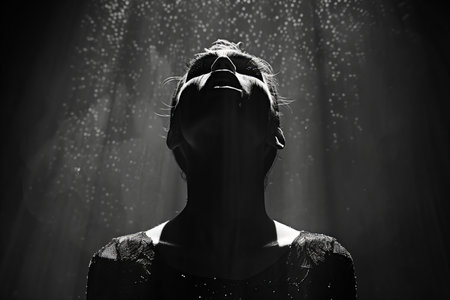 Silhouette of a woman in a black dress against a dark backgroundの写真素材