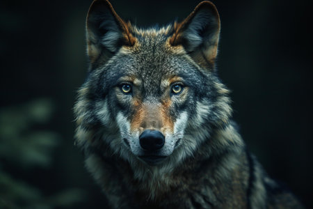 Portrait of a wolf on a dark background. Close-up.