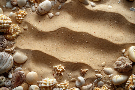 Seashells and sand background. Top view with copy space