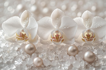 White orchids and pearls on white background, closeupの写真素材