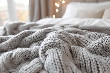Warm knitted plaid on bed, closeup. Cozy home interiorの写真素材