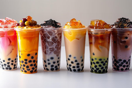 Thai milk tea with tapioca pearls in plastic cupsの写真素材
