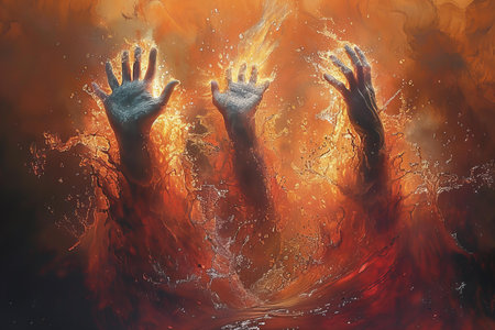 Hands of the devil and demon on fire background. 3d renderingの写真素材