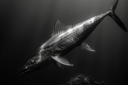 Black and white image of a swordfish swimming in the ocean.の写真素材