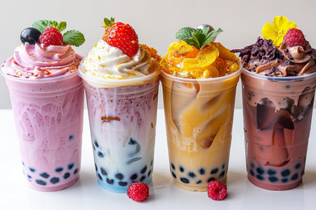 Colorful of Thai milk tea with blueberry, raspberry and chocolate on white backgroundの写真素材