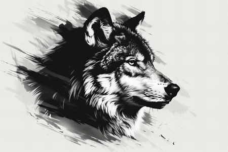 Wolf. Hand drawn vector illustration. Black and white ink drawing.の写真素材