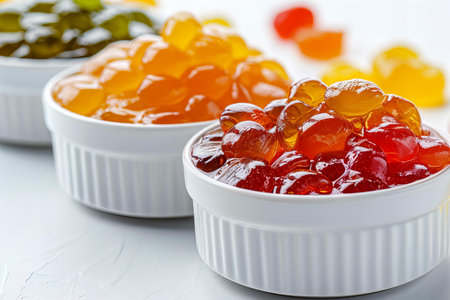 Colorful candies in white bowls on white background. Close up.の写真素材