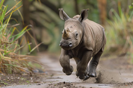 Rhino running on the road in the wild, South Africa.の写真素材
