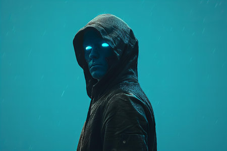 Man in a black hooded jacket in the rain on a blue backgroundの写真素材