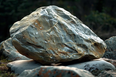 Large stone in the forest. Natural background. Shallow depth of field.の写真素材