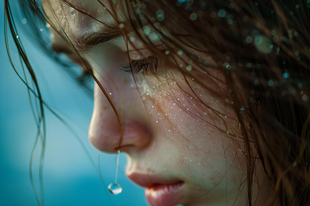 Closeup portrait of a beautiful young woman with wet hair and water dropsの写真素材