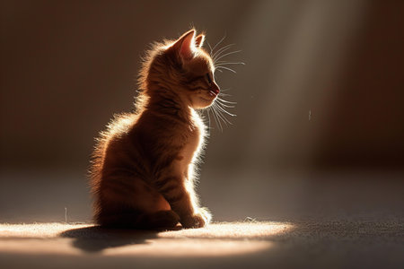 Cute little kitten sitting on floor and looking at camera on dark backgroundの写真素材