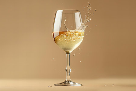 Glass of white wine with splash on beige background, closeupの写真素材