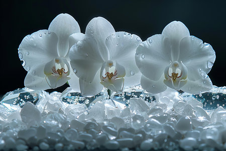 White orchids on a dark background with water droplets.の写真素材