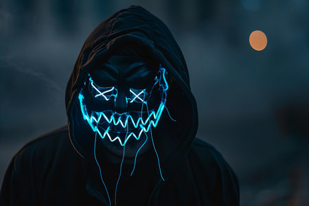 Man in hood and mask with glowing smiley face. Halloween concept