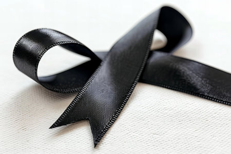 Black ribbon on a white background, close-up, horizontal photoの写真素材